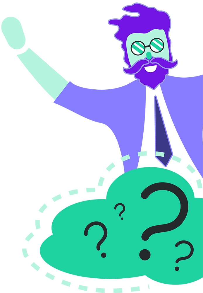Art of man wearing glasses on cloud of questions